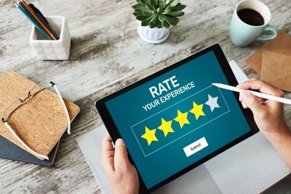 Rate customer experience review. Service and Customer satisfaction. Five Stars rating. Business internet and technology concept.